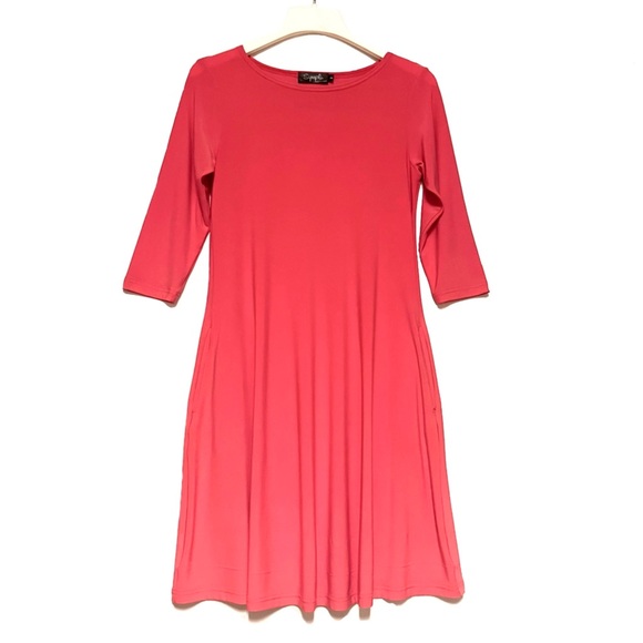 Sympli Nu Trapeze Dress Size 2 Coral Slinky Jersey Travel Knit Pockets Lagenlook - Picture 2 of 8